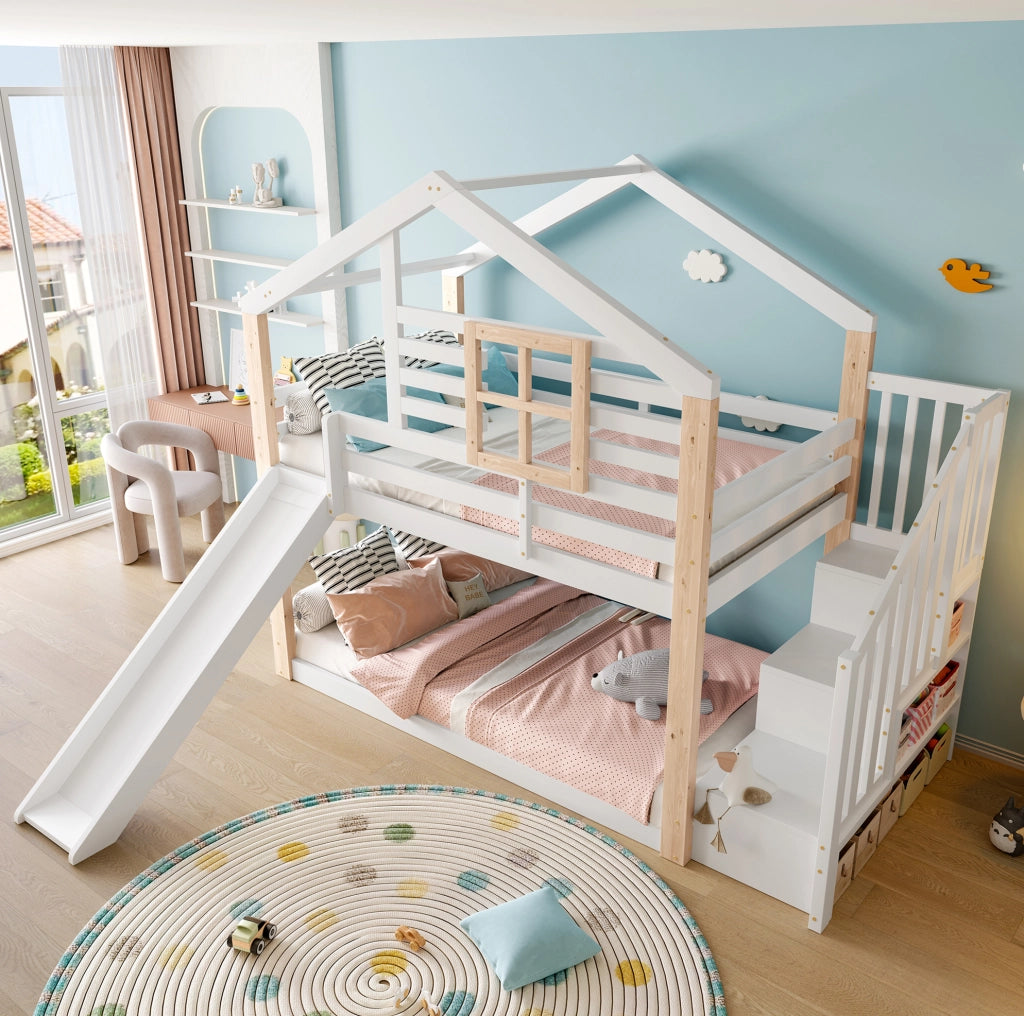 Letto a castello a casetta con scivolo e scala con vani contenitore 90x200 cm in legno; bianco