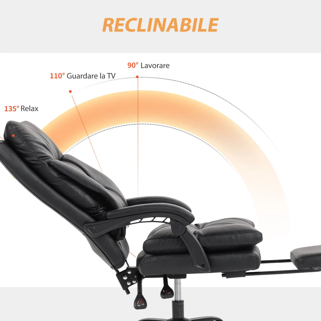 Sedia da Ufficio Presidenziale 65x76x113-121 cm Reclinabile fino a 135° in Pelle PU Nero
