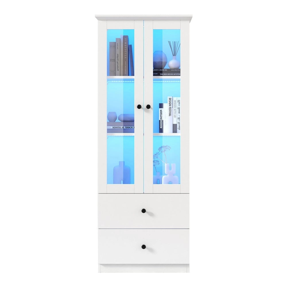 Vetrina LED con Ante ¨C MINIMAL ¨C Bianca, MDF, Ripiani Regolabili, 2 Cassetti, USB