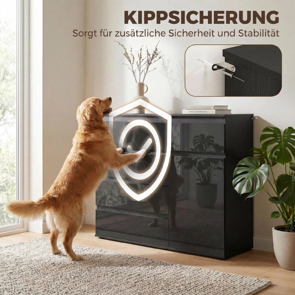 Cassettiera Moderna con 5 Cassetti, Ripiano Regolabile, Ante Soft-Close ¨C zephmum ¨C Nero Lucido