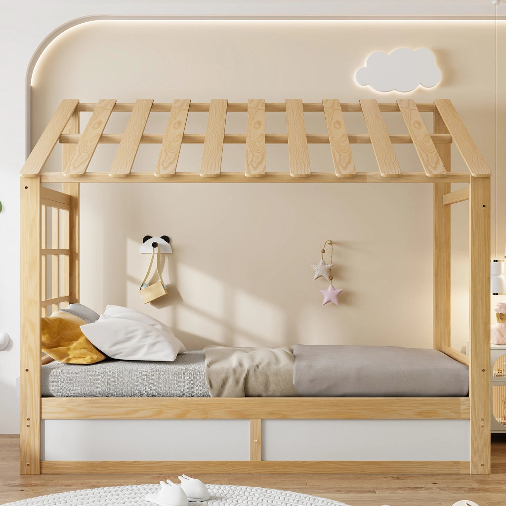 Letto per bambini 90x200 cm con vano idraulico e ripiani laterali; bianco e naturale