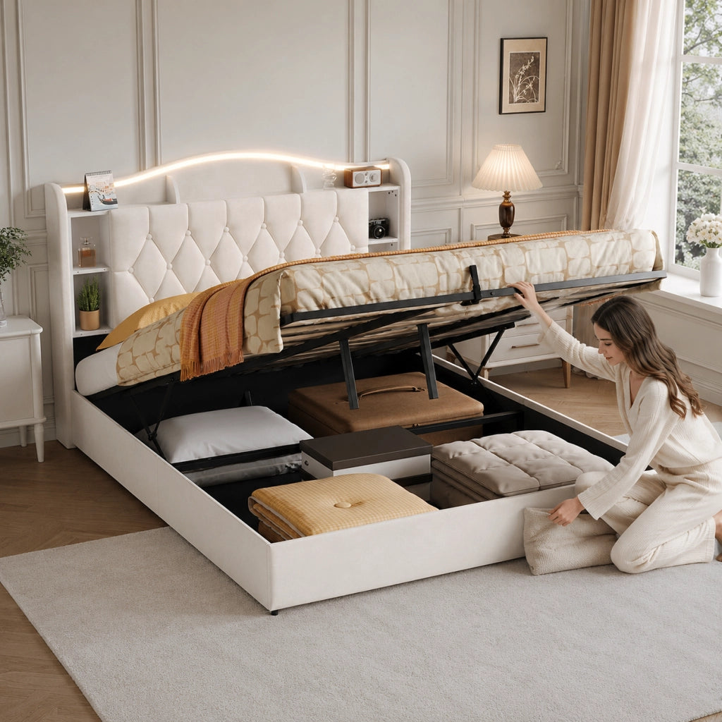 Letto a molle a sollevamento idraulico, testiera velluto beige, con luci LED RGB, stazioni di ricarica USB e wireless, scomparti porta oggetti, 140x200 cm
