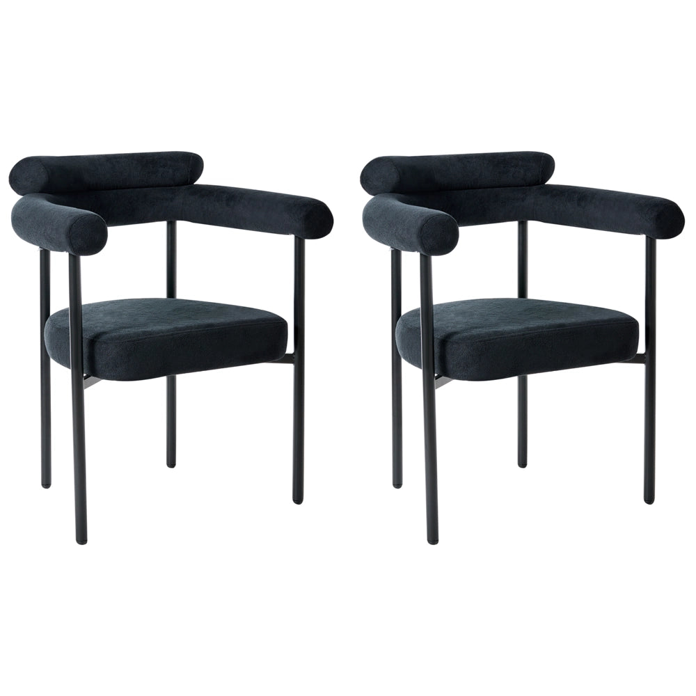 Set di 2 sedie da pranzo Nero Rivestimento in poliestere  Gambe nere in ferro Schienale arrotondato Mobili da sala da pranzo in stile moderno