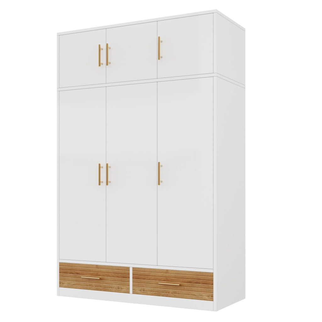 Armadio a 3 ante con vani superiori, asta appendiabiti e 2 cassetti, 120x50x180 cm, bianco