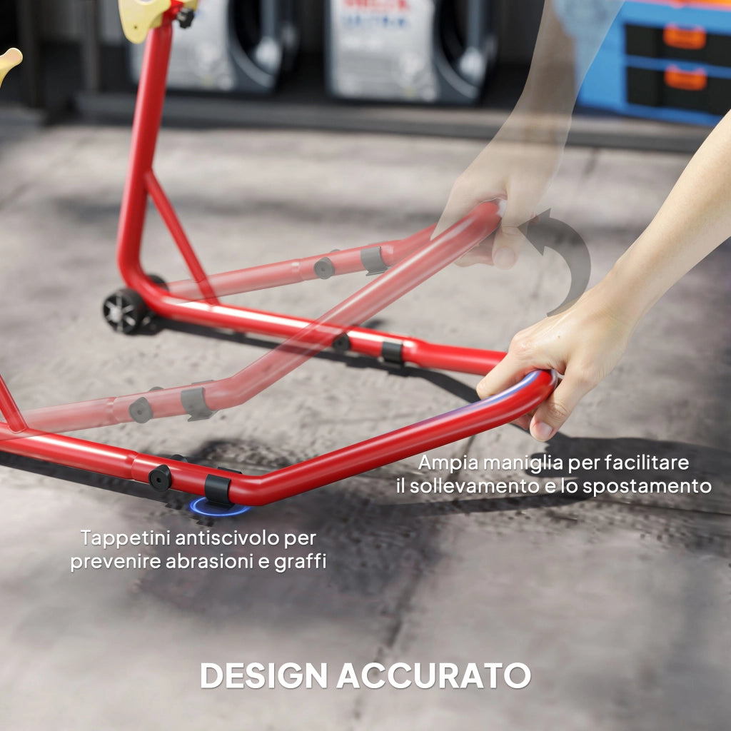 Cavalletto per Moto con Capacit¨¤ di 544 kg, Forcelle Regolabili a U e L, Rotelle e Cuscinetti Antiscivolo, Rosso