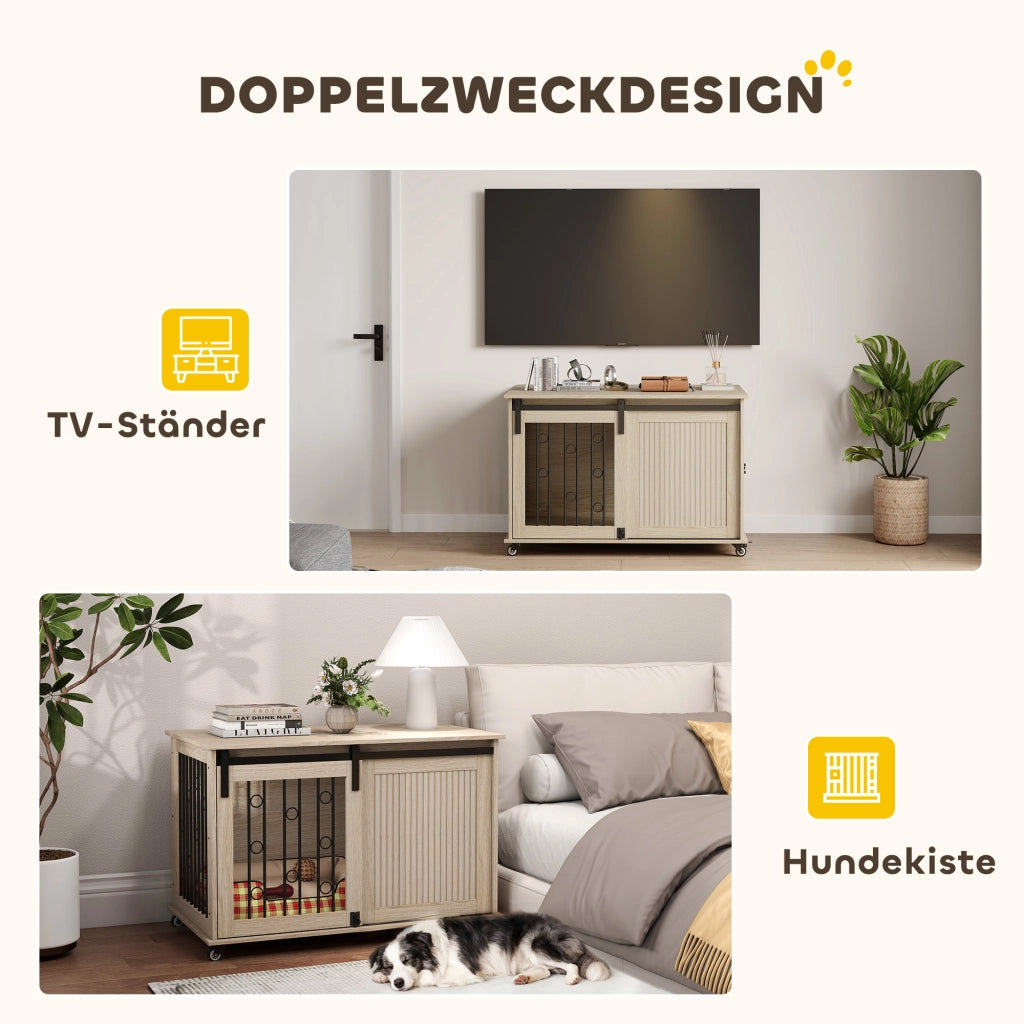 Cuccia mobile per cani con ruote e porta scorrevole ¨C Xylo ¨C Legno e acciaio 100x56x65 cm
