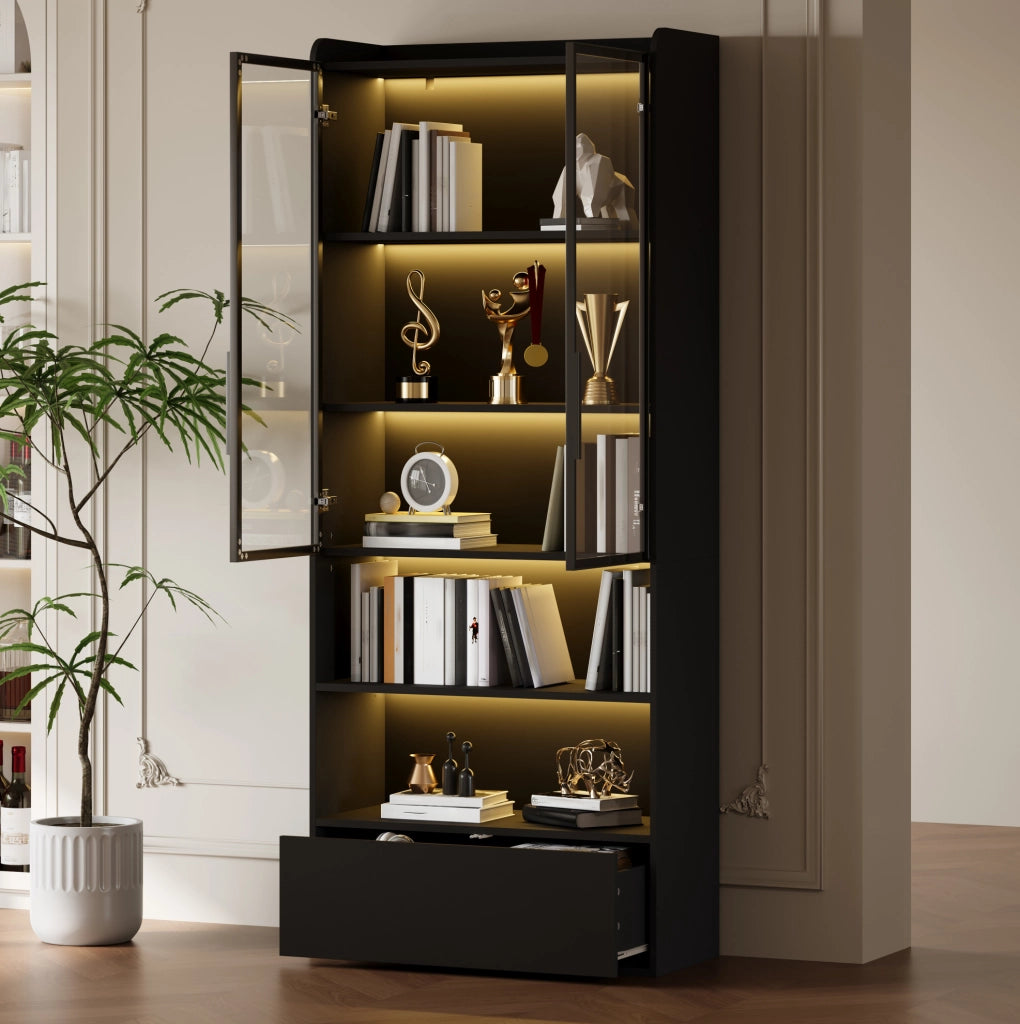Vetrina alta con LED e 1 cassetto 80 x 34 x 180 cm; nero in MDF e vetro