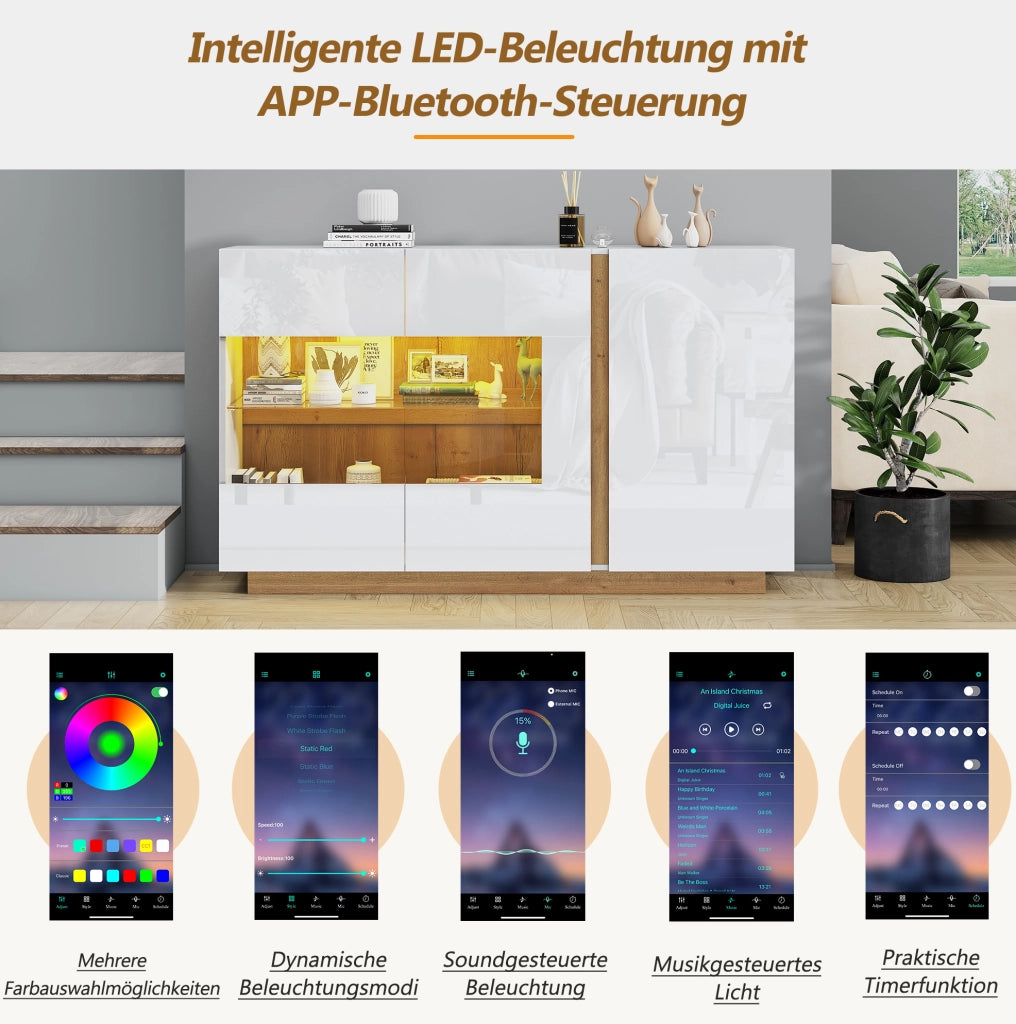 Credenza moderna lucida con LED RGB e ante in vetro