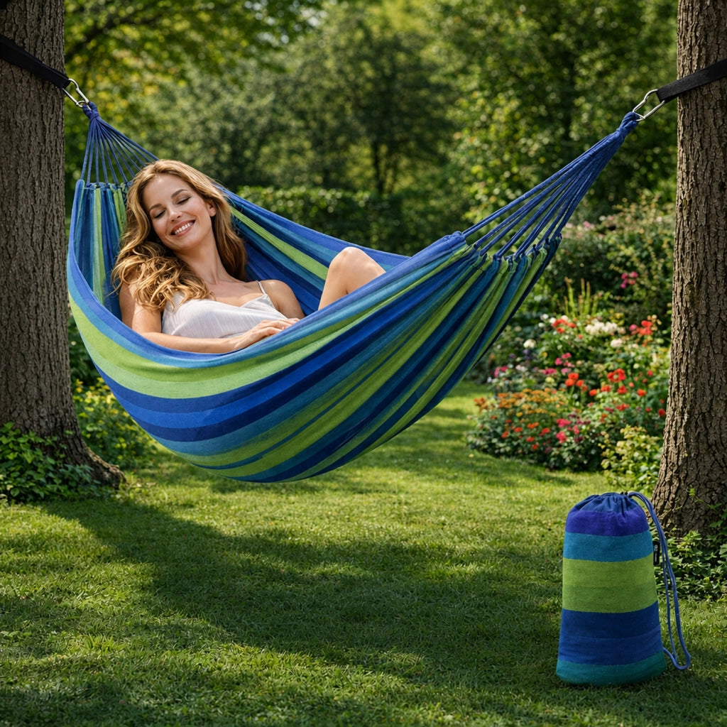 Amaca Per Campeggio E Giardino Con Borsa Portaoggetti Cinghie E Moschettoni Inclusi Design Anti Ribaltamento Cotone Robusto Portata 300 Kg 270 x 150 Cm Blu