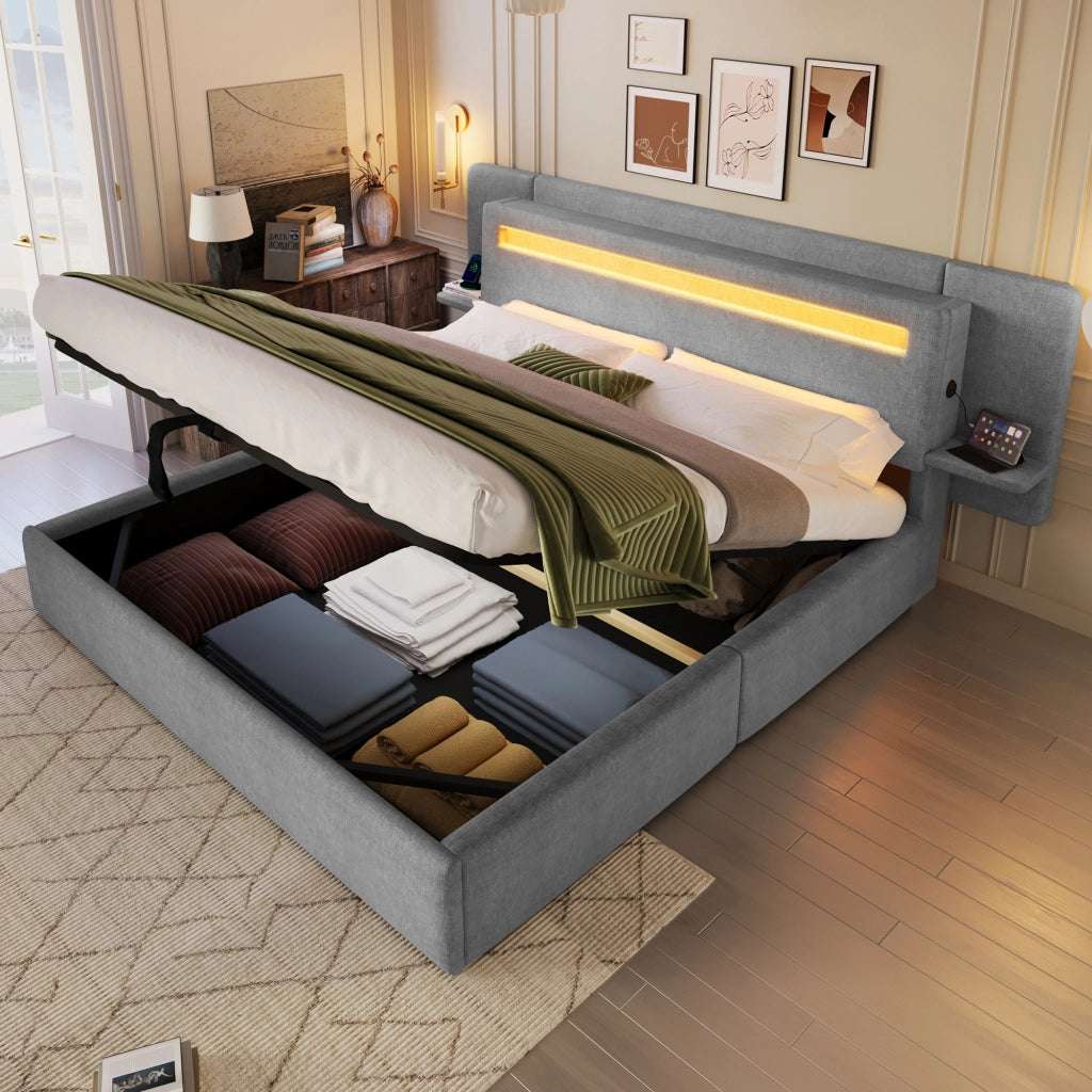 Letto imbottito 180x200 cm con contenitore ad alzata idraulica; LED multicolore e USB; grigio
