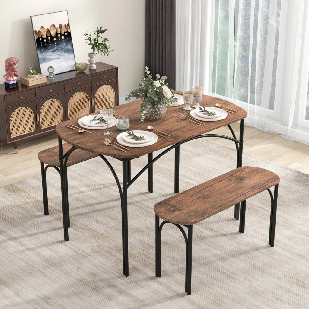 Set da pranzo 3 pezzi per 4 persone, Tavolo rettangolare in legno da 120cm e 2 panche con struttura in metallo Marrone-Tavoli e sedie da pranzo