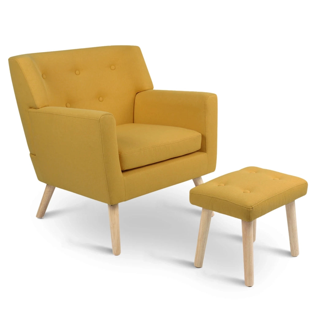 IDMarket - Sillón escandinavo LIV con reposapiés de tela amarilla