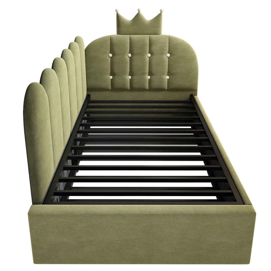 Letto per bambini 90x200 cm, testiera a forma di corona, con letto estraibile, in velluto, verde