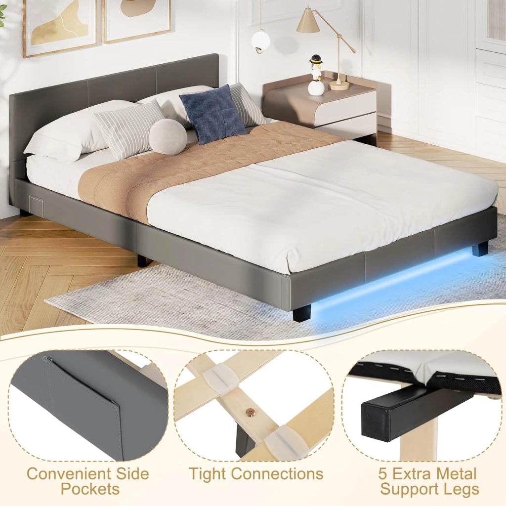 Letto imbottito 140 x 200 cm, struttura letto con illuminazione LED regolabile 16 colori, letto matrimoniale con testiera imbottita e doghe in legno, telaio del letto con rivestimento in