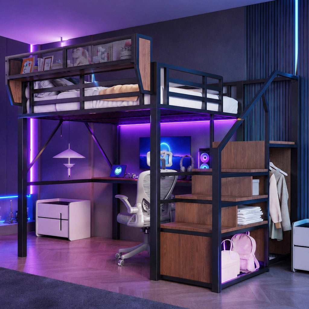 Letto a soppalco in metallo 140x200 cm con scrivania, scala di sicurezza, ripiani flessibili, LED e presa multifunzione, Nero