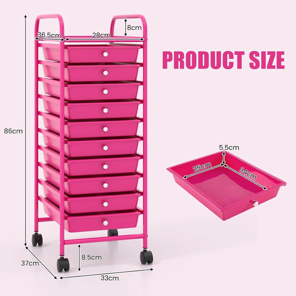 Carrello Portaoggetti con 10 Cassetti Impilabili, Struttura in Metallo e Ruote Bloccabili, Organizer Multiuso per Cucina e Ufficio