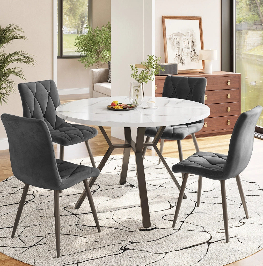 Tavolo da pranzo rotondo 100 cm con piano effetto marmo bianco e base in metallo nero