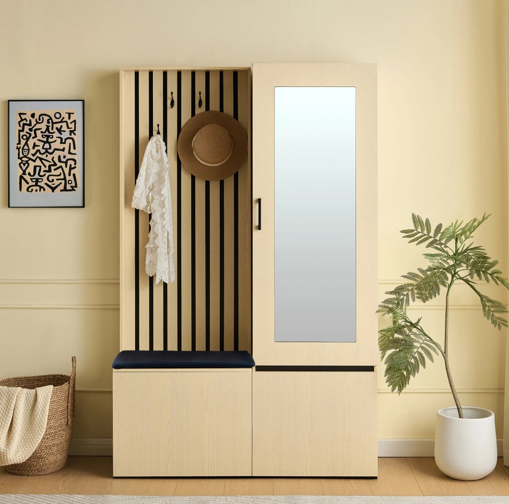 Armadio Appendiabiti con Specchio e Panca - Set per Ingresso in MDF Colore Legno con Appendini e Scaffali