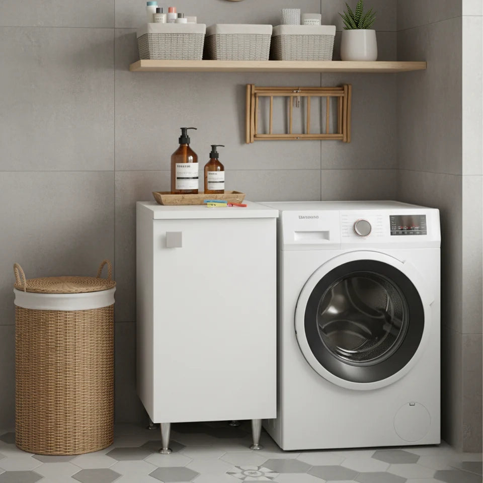 Mobiletto Base 1 Anta Destra Bianco Frassinato | Armadietto Multiuso con Piedini in Metallo | Profondità 50 cm | Già Assemblato per Bagno, Lavanderia, Ingresso