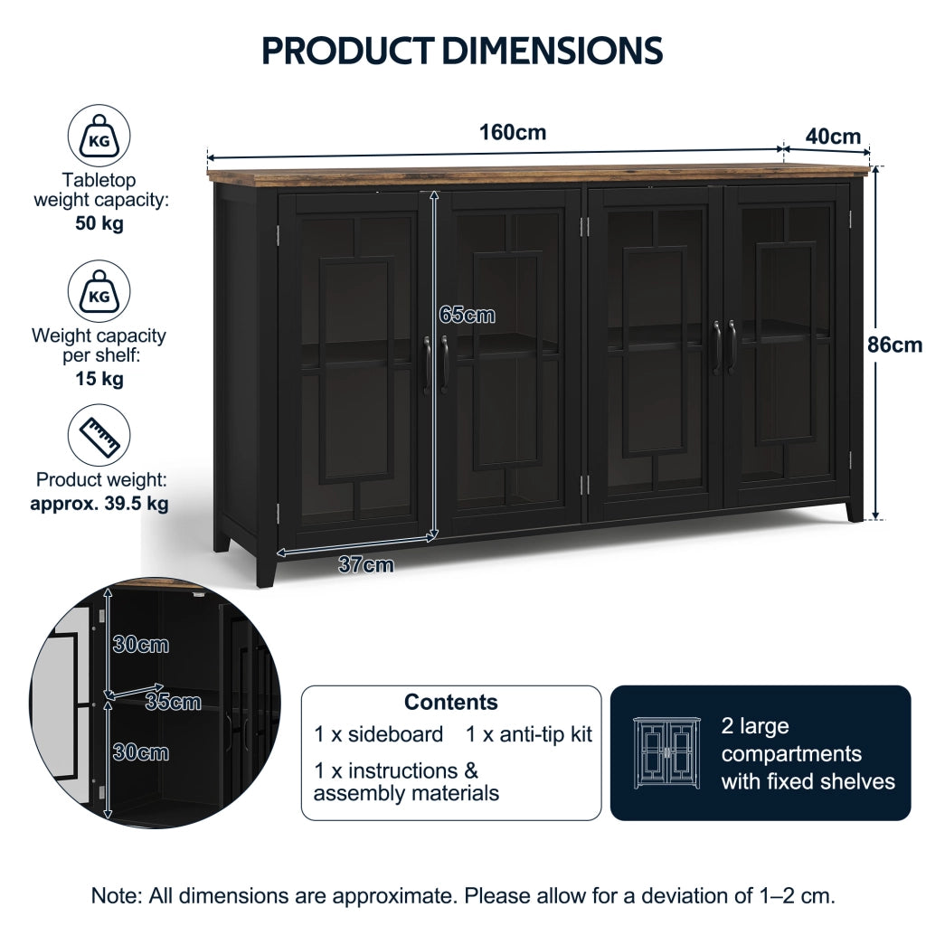 Sideboard da cucina 160 cm con ante in vetro, ampio spazio contenitivo e dispositivo antiribaltamento, nero