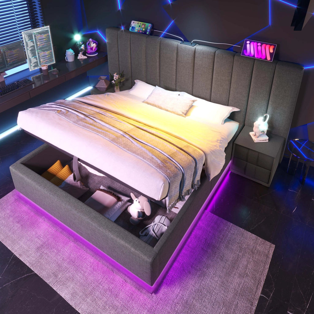LETTO Contenitore 160x200 cm Grigio con LED, USB e Type-C