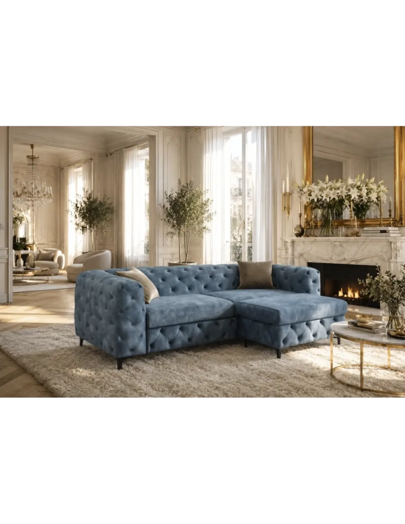Divano dritto VELENA 3 posti in velluto trapuntato - Blu - 235 x 74 x 95 cm
