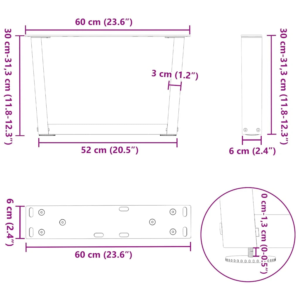 Set di 2 gambe per tavolino da caffè a forma di V 60 x 30-31,3 cm con piedini regolabili design moderno acciaio nero 02_0056900