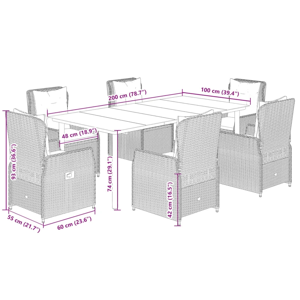 Set da Pranzo da Giardino 7pz con Cuscini in Polyrattan Marrone