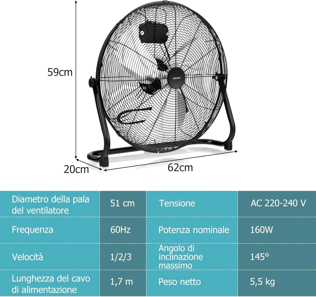 160W Ventilatore da Terra 50 cm, Ventilare Industriale a 3 Velocità Inclinazione di 145° e Pale in Metallo, Ventilatore da Pavimento per Magazzino Cantina Garage Palestra (Nero)
