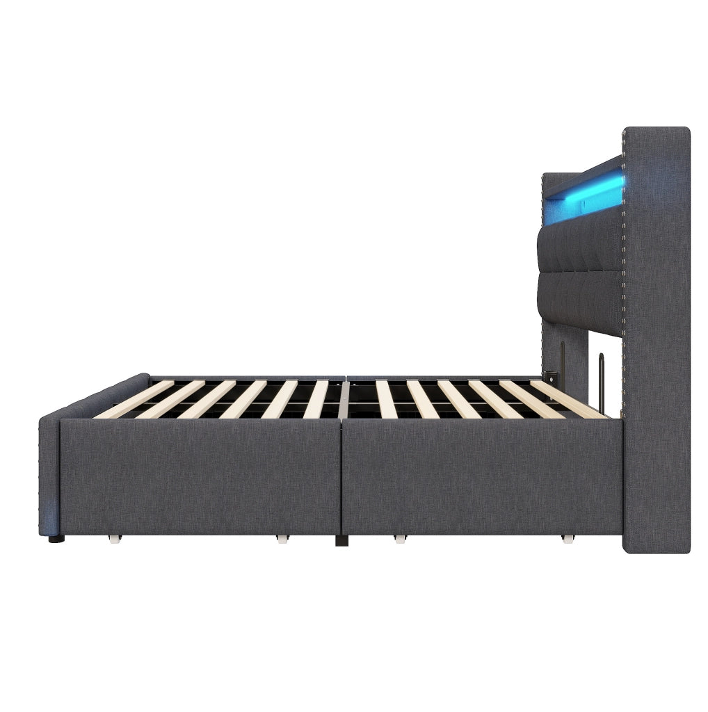 Letto matrimoniale 140x200 cm con LED; porta USB e contenitore; tessuto di lino grigio