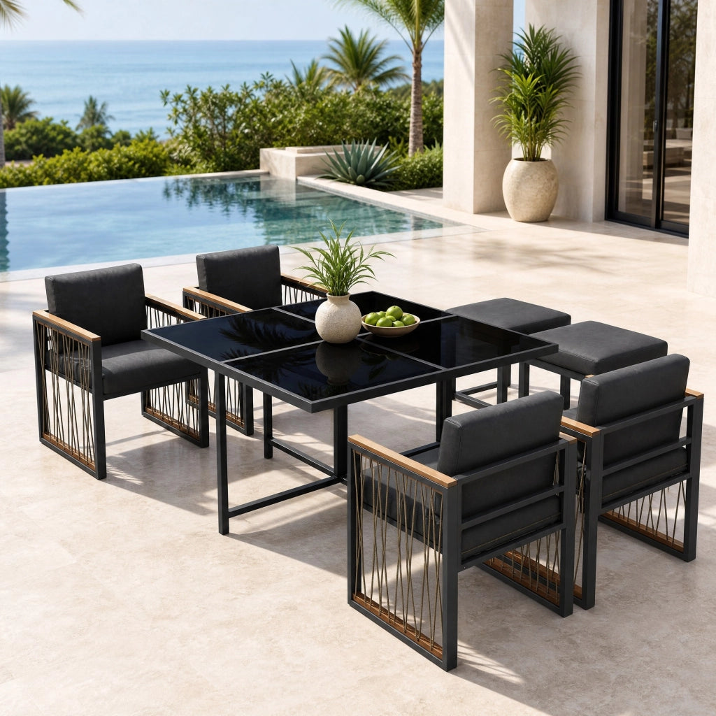 Set da pranzo per esterni da 7 pezzi per 6 persone tavolo in vetro temperato nero con braccioli naturale per giardino