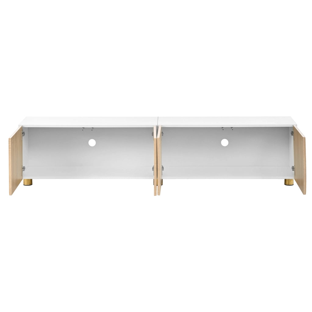 Mobile TV 180x35x40 cm con 4 ante e rilievo ad arco in MDF e pannello truciolare naturale e bianco