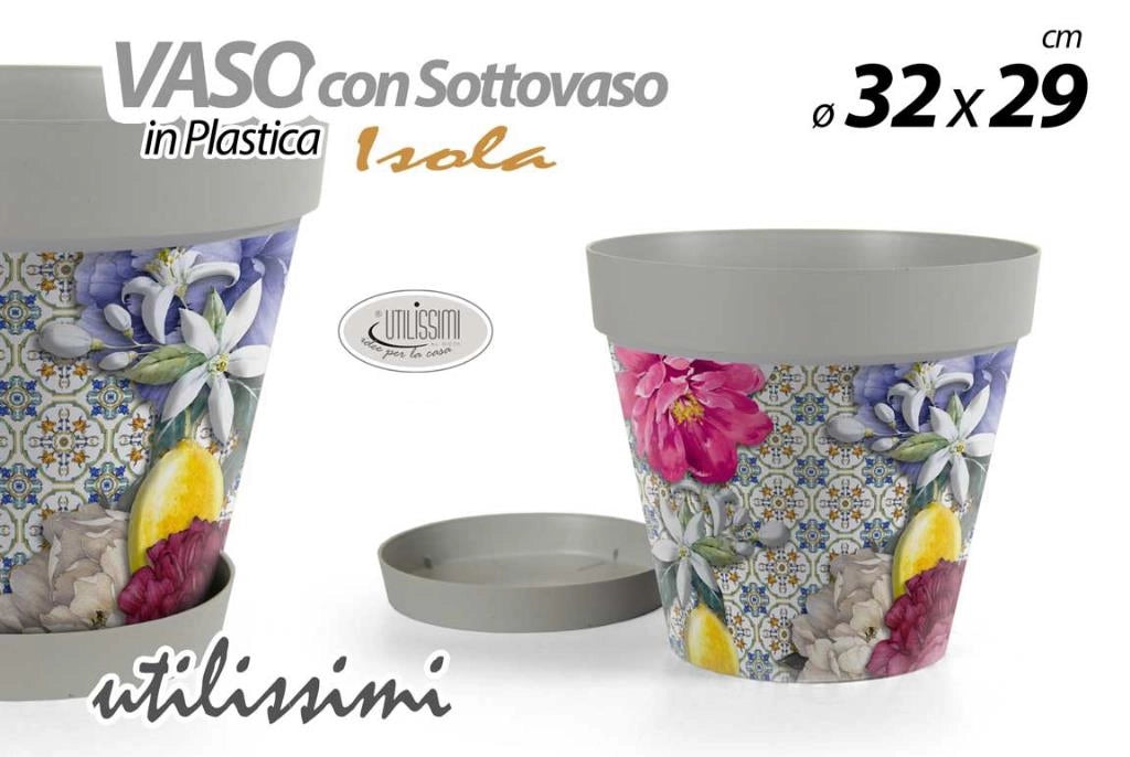 Vaso da Giardino con Sottovaso in Plastica Decoro Isola 32 x 29 cm
