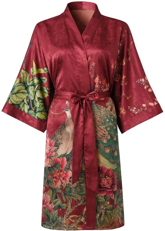 Kimono da donna corta - Badjas da notte con fiori classici (Bordeaux)