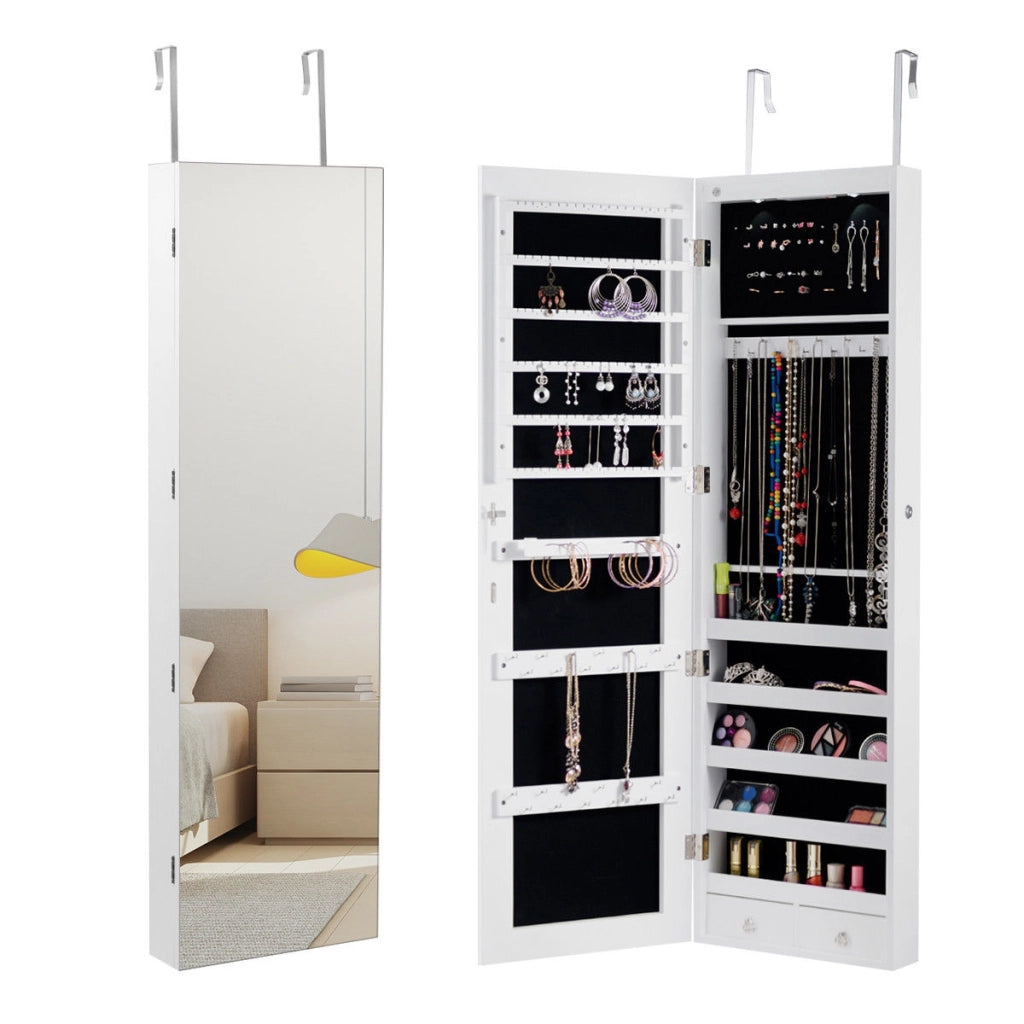 Armadio portagioie con specchio in legno a parete con LED interno 33,5x10x120cm Bianco