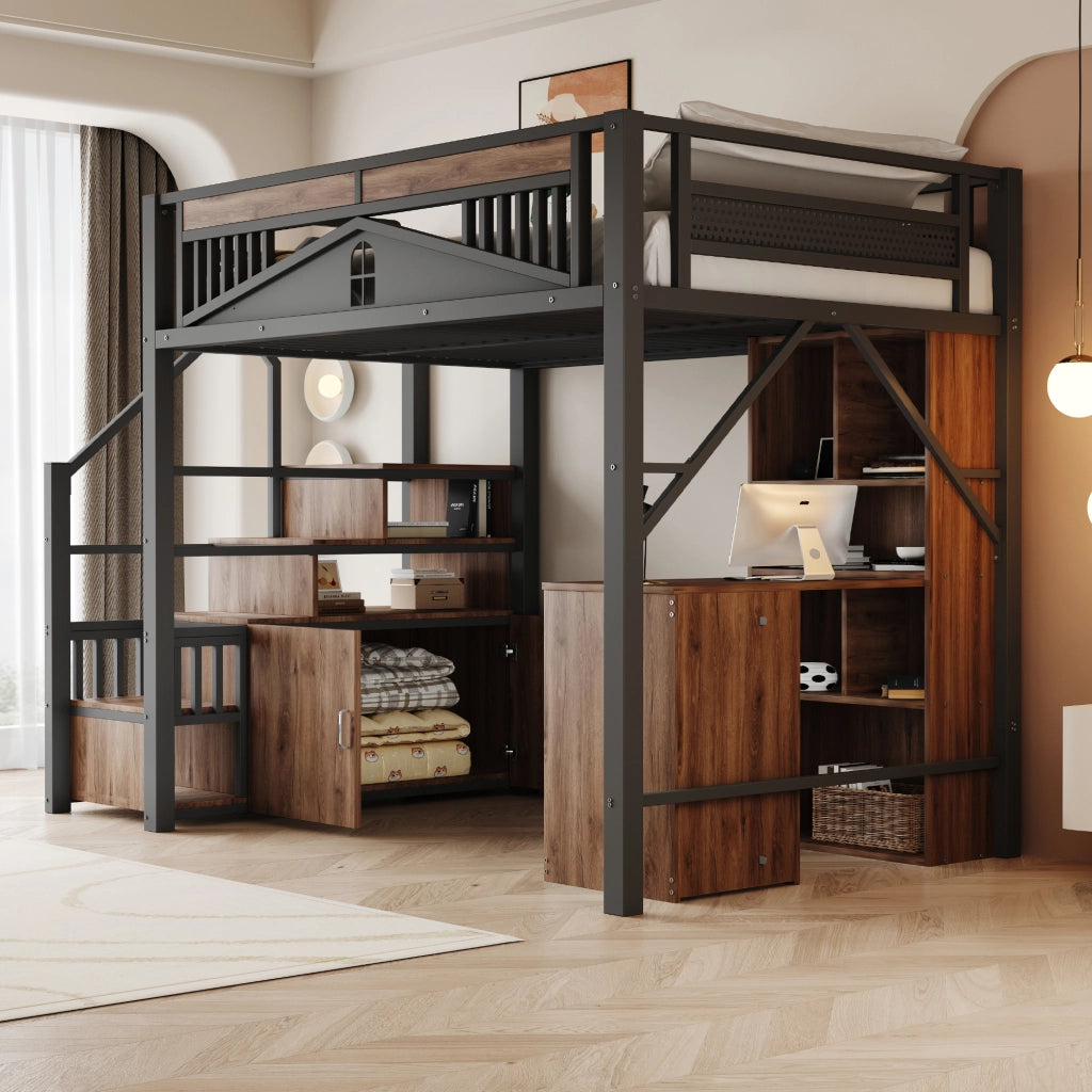 DESMIU Letto a soppalco matrimoniale con scala contenitore, armadietto e finestra 140 × 200 cm, senza materasso