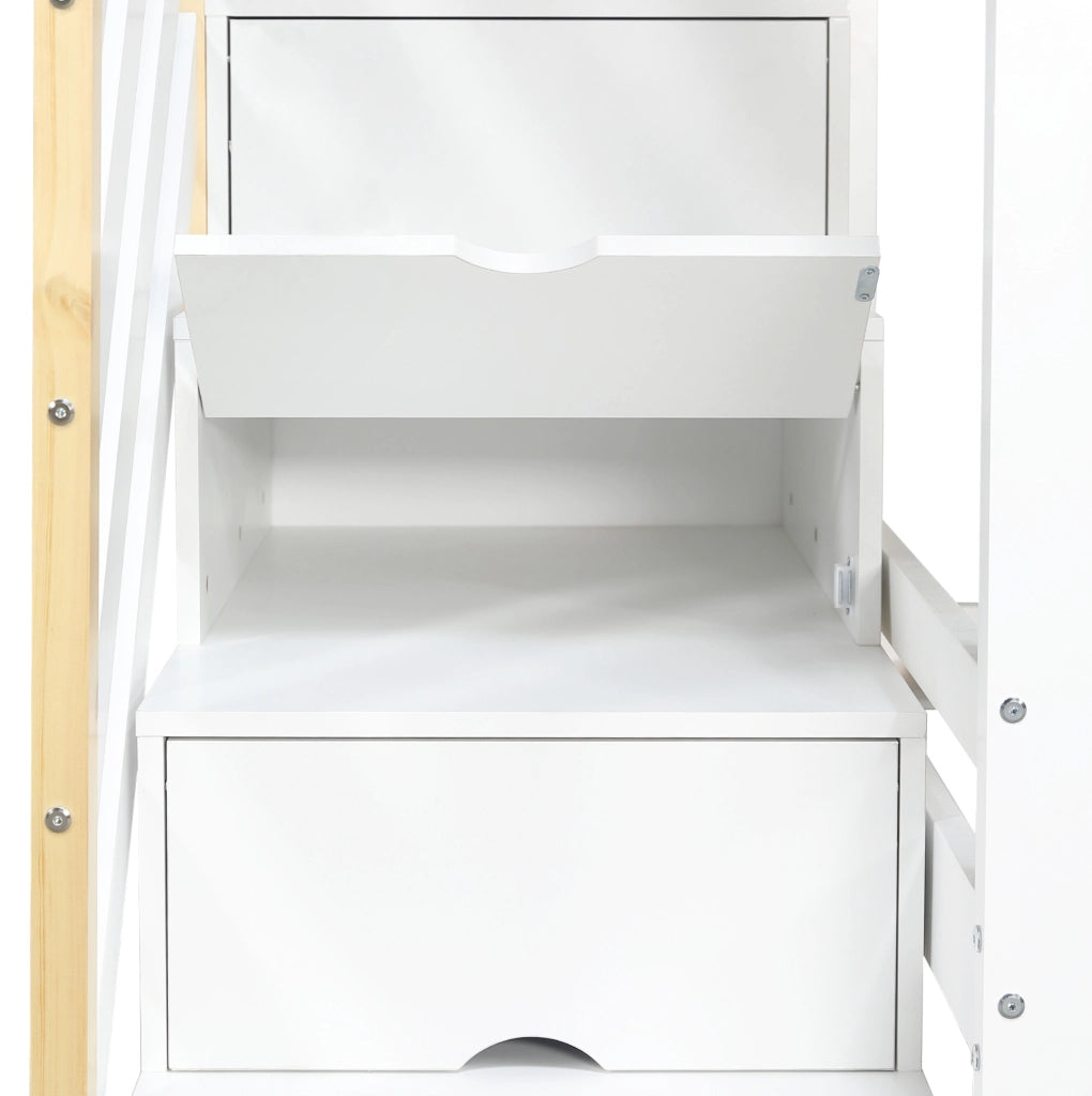 Letto a castello per bambini 90x200 cm bianco e naturale con scala contenitore