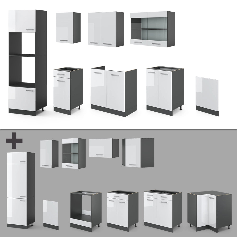 Vicco Cucina componibile Bianco lucido/antracite 300 cm con armadio alto, PL Rovere