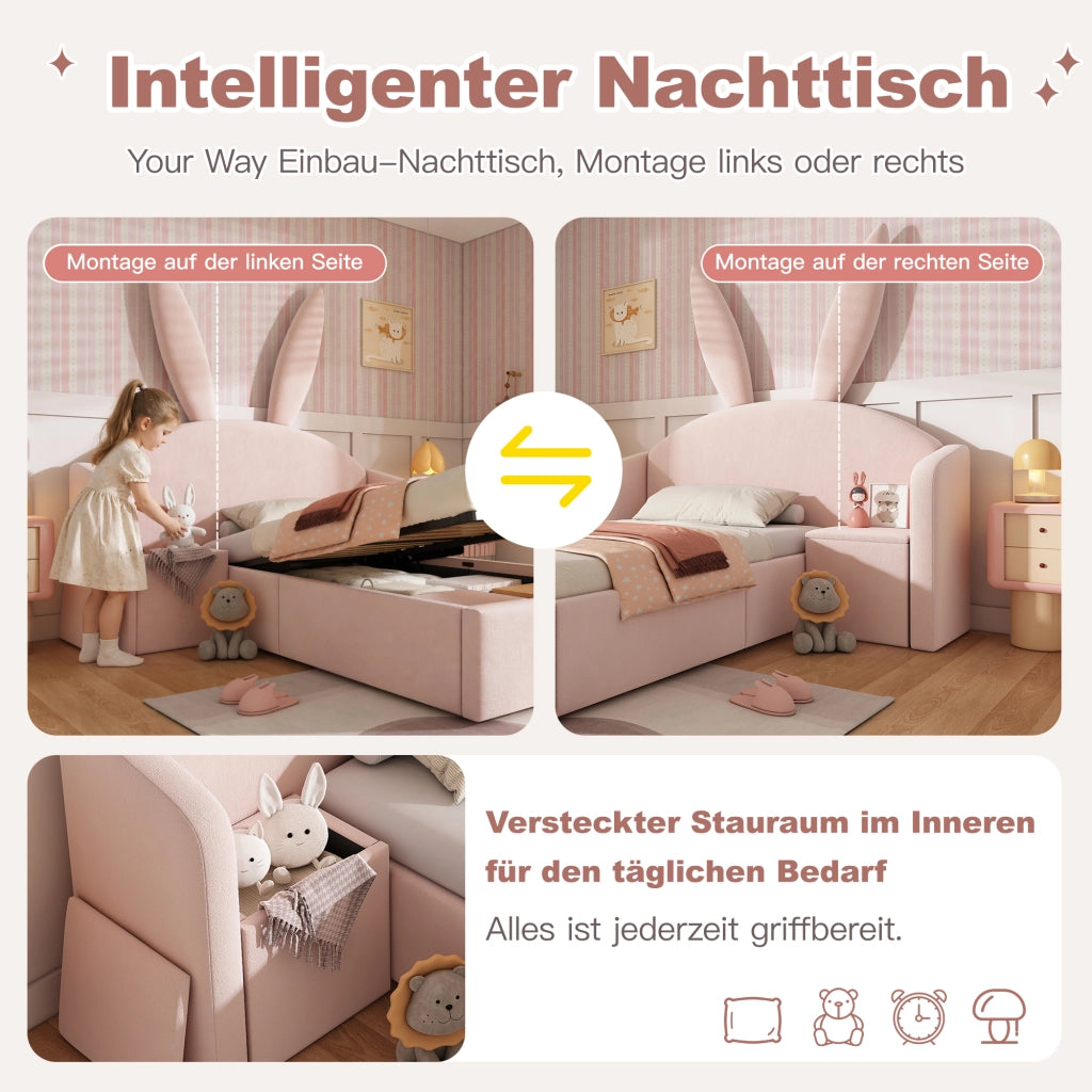 Letto imbottito con vano contenitore 90x200 cm velluto rosa