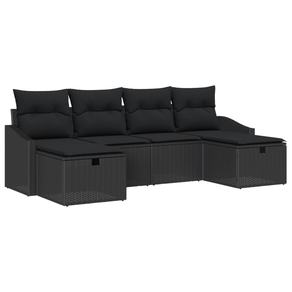 Set Divano da Giardino 6 Pezzi con Cuscini Nero Polyrattan
