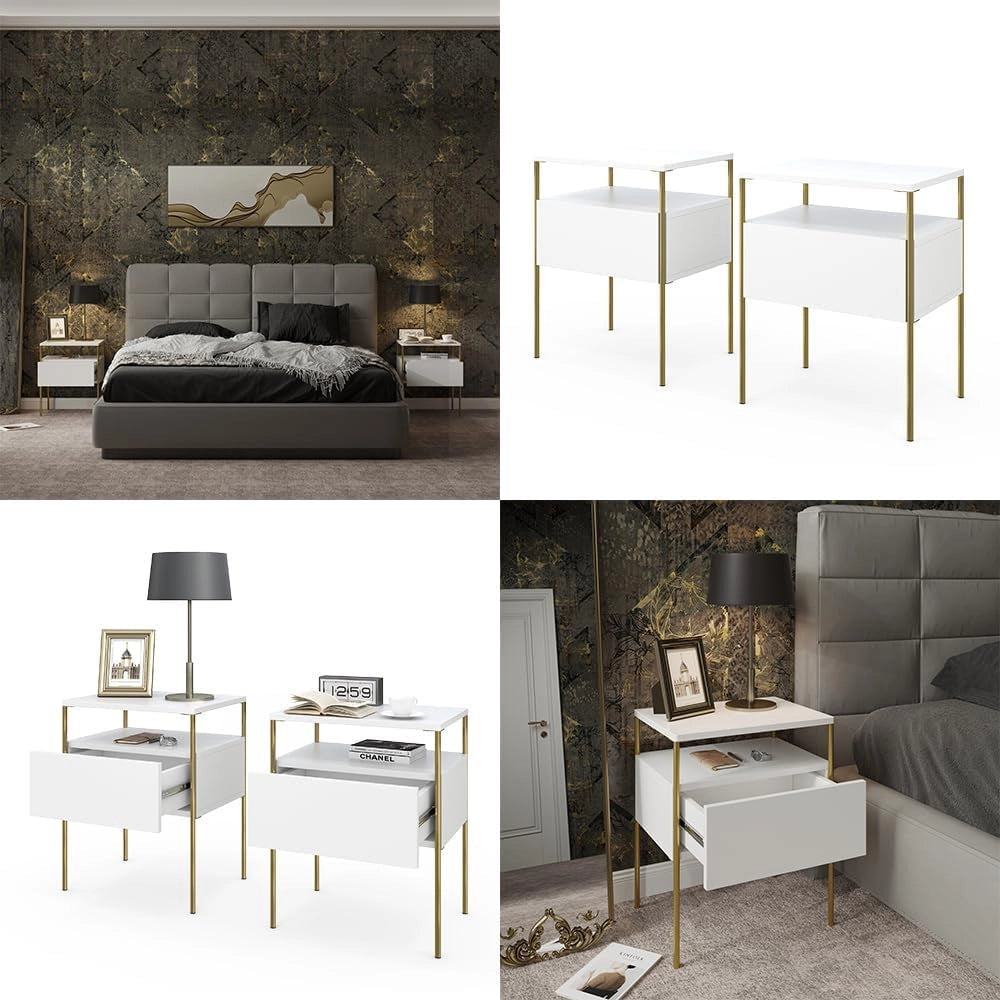 Comodino camera da letto Mira, Bianco/Oro, Set di 2, utilizzabile per riporre oggetti quotidiani e come tavolino d'appoggio