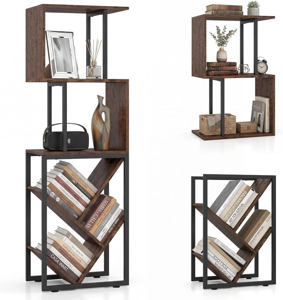 Libreria Scaffale, Librerie Verticali da Terra a 6 Ripiani Aperti, Scaffale Alto Industriale a S e Albero, 39,5 x 25 x 122 cm, per Soggiorno, Ufficio e Camera da Letto