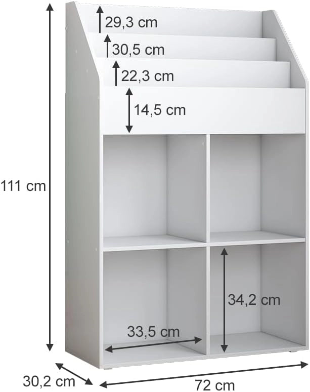 Libreria bambini Conny, Bianco, 72 x 111 cm con 4 ripiani per scatole pieghevoli, adatto per riporre giocattoli e libri
