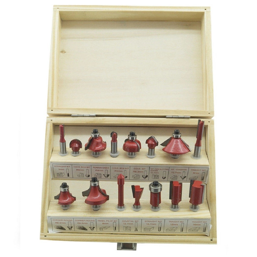 Trade Shop - Set 15 Frese Fresa Per Legno Per Scanalare Rifilare Sanalature Fresatrice 6.35mm -