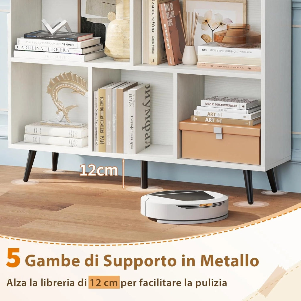 Libreria a 8 Cubi, Organizzatore di Stoccaggio Moderno con 5 Gambe di Metallo, Scaffale per Esposizione con 2 Kit Anti-Ribaltamento per Soggiorno Studio Camera da Letto, Bianco (100x24x107cm)