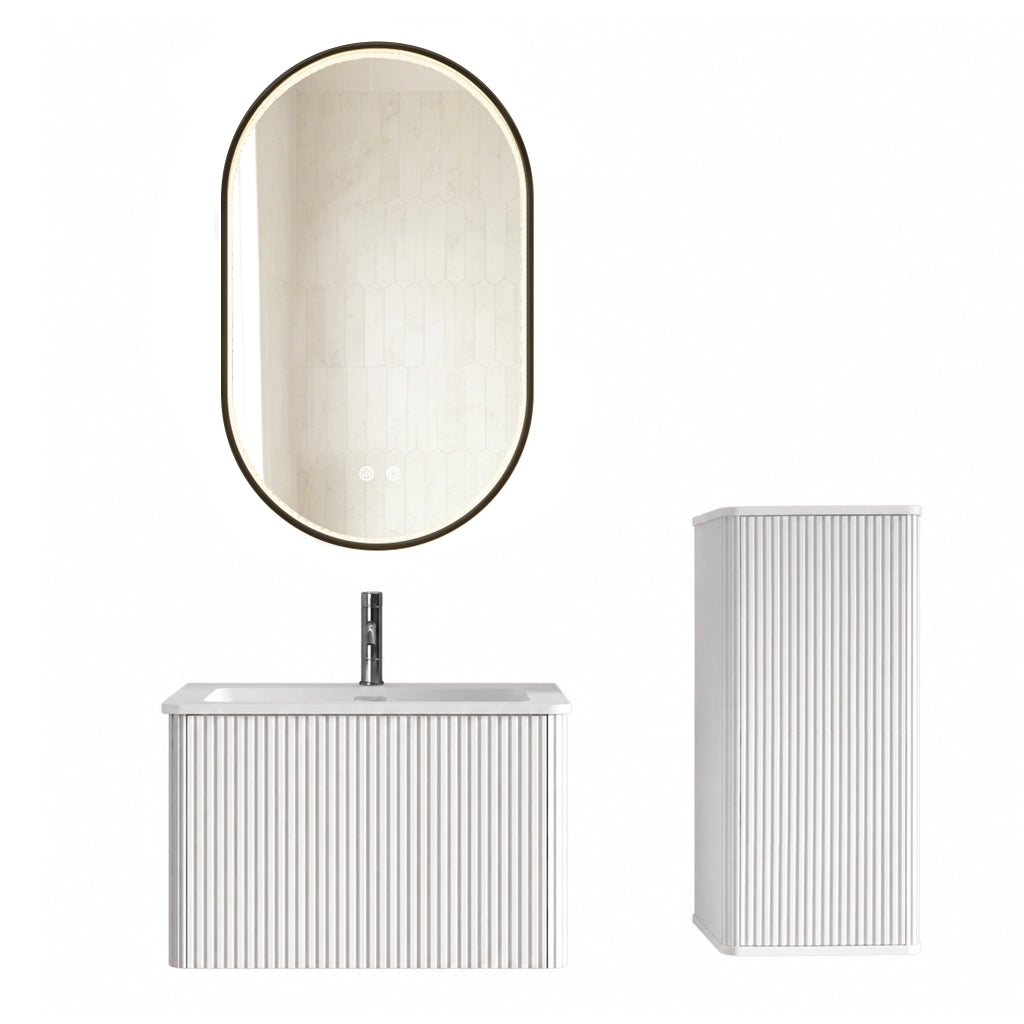 Mobile bagno sospeso con lavabo specchio LED e colonna contenitore design rigato con angoli arrotondati bianco