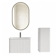 Mobile bagno sospeso con lavabo specchio LED e colonna contenitore design rigato con angoli arrotondati bianco