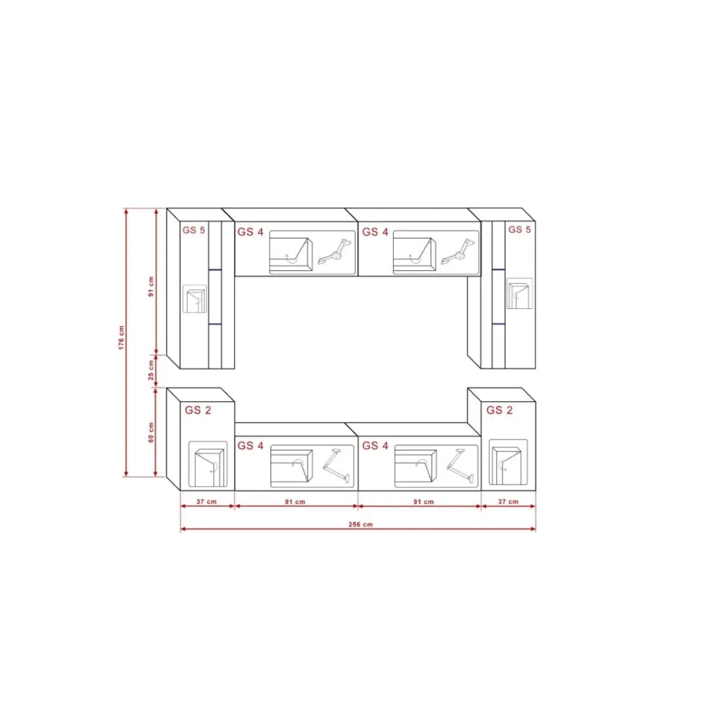 Set di mobili da soggiorno neri sospesi collezione CEPTO XXIV. 256 cm, 8 pezzi, led, modulari.