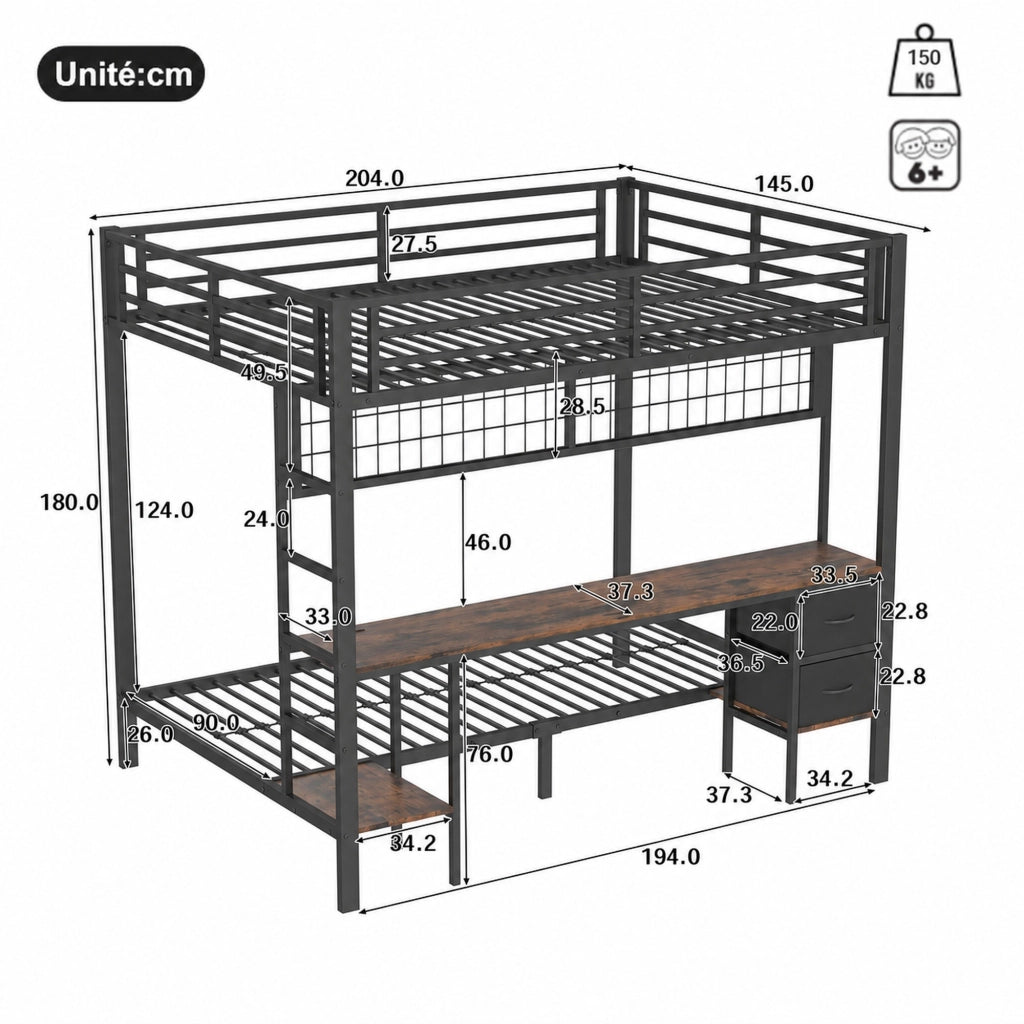 LETTO a soppalco 140x200 cm in metallo nero con scrivania, cassetti e ripiani