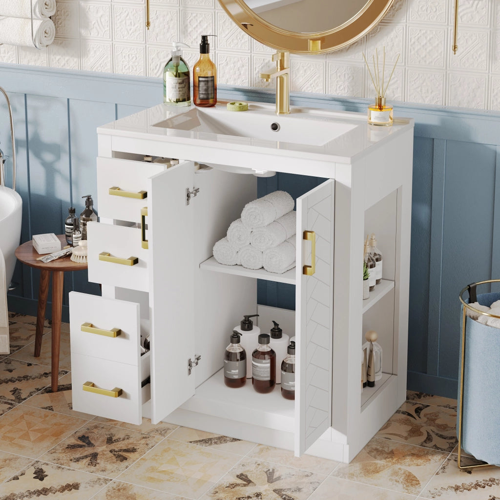 Mobile sottolavabo con lavabo in ceramica, 2 ante, 3 cassetti e ripiani aperti per bagno, bianco, 76.5 × 46.5 × 84.5 cm